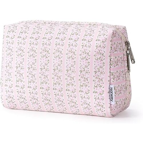 Narwey Cute Floral Makeup Bag Travel Cosmetic Bag Organizer Toiletry Bag Make Up Bags with Compartments for Women Girls (Pink Flower Buds, Large)