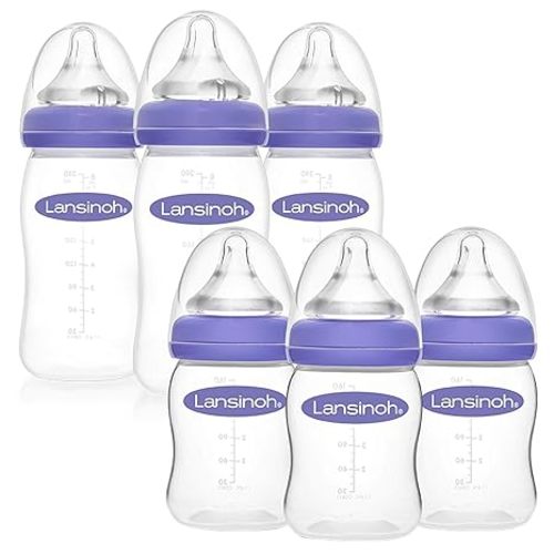 Lansinoh Anti-Colic Baby Bottles for Feeding Babies, 3 Count Each of 5 Ounces and 8 Ounces, 6 Bottles Total, Includes 3 Medium Flow Nipples (Size M) and 3 Slow Flow Nipples (Size S) - 5 Ounce & 8 Ounce, 6 Count