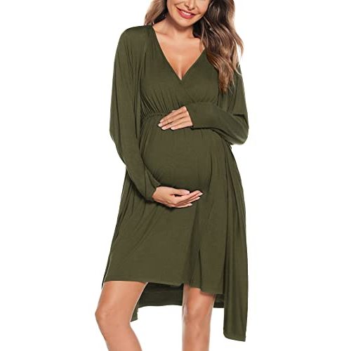 SWOMOG Women Maternity Nursing Gown and Robe Set 3 in 1 Labor Delivery Nursing Nightgown for Breastfeeding Hospital Bathrobe
