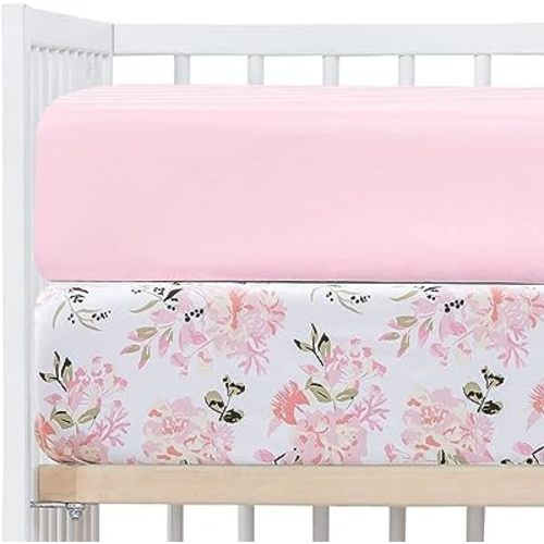 Crib Sheets Girl 2 Pack Set, 2 Pack Toddler Bed Sheets Set, Floral Print Fitted Crib Sheet for Standard Crib & Toddler Mattress, Size 28 x 52 inches, Pink N Floral