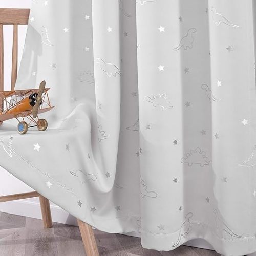 LORDTEX Dinosaur and Star Foil Print Blackout Curtains - Thermal Insulated / Noise Reducing - 42 x 63 Inch, Greyish White (2 Panels)