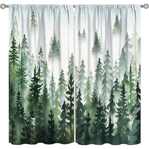 Print Curtains Green Watercolor Forest Tree Silhouette Room Darkening Curtains Pattern Printing for Bedroom 85x85inch(214x214cm)