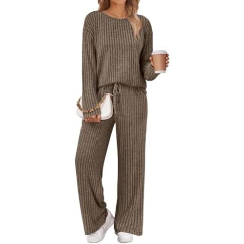LILLUSORY Womens Lounge Sets 2 Piece Matching Pajamas Fall Fashion 2025 Ribbed Knit Outfits Long Sleeve Casual Sweatsuits