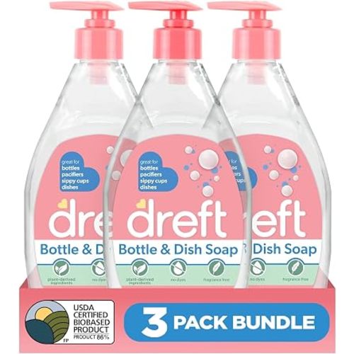 DREFT Bottle and Dish Soap | Made to Clean Baby Bottles, Sippy Cups, Pacifiers, Breast Pumps, & More | Gently Removes Milk Film & Odors | Plant Based, Fragrance Free Dish Soap | 18 Fl Oz (Pack of 3)