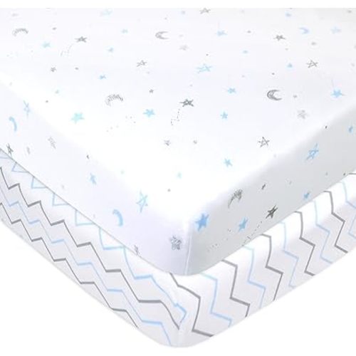American Baby Company 2 Pack Fitted Pack N Play Playard Sheet 27" x 39", Soft Breathable Neutral 100% Cotton Jersey Pack and Play Sheet, Blue Stars/Zigzag, for Boys and Girls, Fits Most Mini Crib