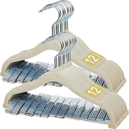 Velvet Skirt Hangers for Baby and Kids,Set of 24 Velvet Hangers with Adjustable Clips, Pants Hangers, Space-Saving, Non-Slip for Skirts,Coats,Pants,Dresses (Ivory)