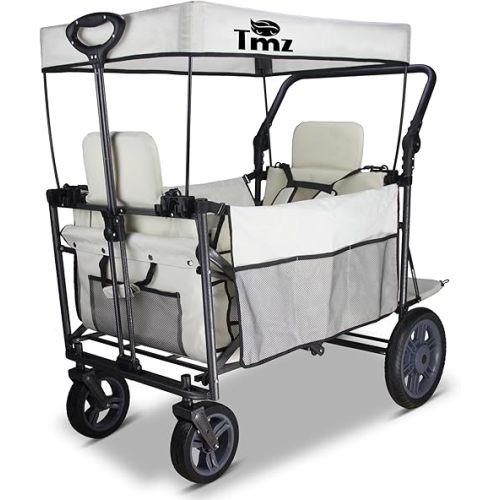 TMZ Collapsible Foldable Wagon Cart with Quick-Release Wheels and 2 Seats, Heavy Duty Wagon 265LBS Load Capacity for Camping Garden Shopping (Beige)