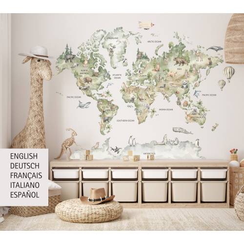 World Map Wall Decal, Animal World Map Decal, Kids World Map Decal, Nursery Map Decal