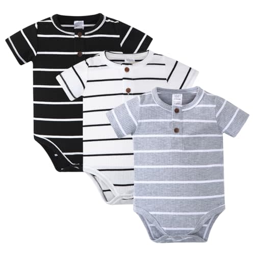 ROMPERINBOX Newborn Onsies Boy Girl 3 Pack Rib Knit Baby Bodysuit Solid Color Striped Short/Long Sleeve for Unisex