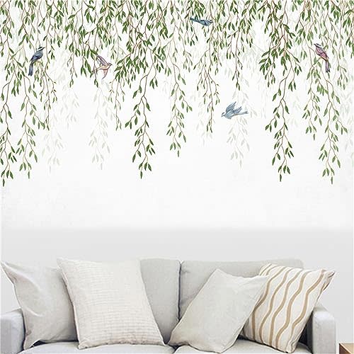Hanging Green Willow Wall Decals Bird Spring Vine Wall Stickers Plants Leaves Wall Art Murals Peel and Stick Removable Bedroom Living Room Sofa TV Background Wall Decor