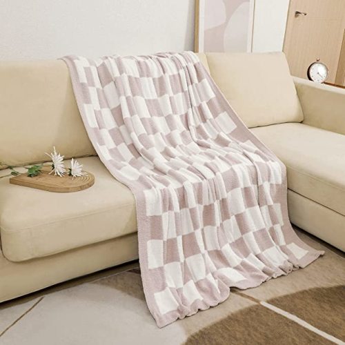 bearberry Fuzzy Checkerboard Grid Throw Blanket Soft Cozy Warm Microfiber All Season Blanket Decor for Couch Sofa Bed Travel Home (Cream, 50''x60'')