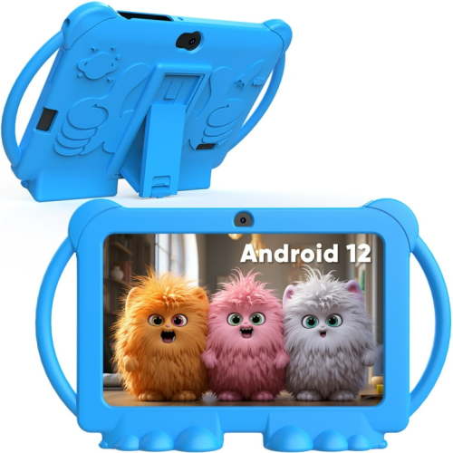 Kids Tablets 7 inch Android 12, 4GB RAM 32GB ROM, 512GB Expandable, with Parental Control, Google Certified, WiFi, Bluetooth, Dual Camera with Silicone Case(Blue)