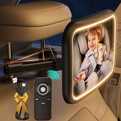 Baby Car Mirror With Light for Baby Rechargeable 2000mA Baby Mirror for Car Seat Rear Facing Hook Clip Design Car Seat Mirror for Baby Rear Facing Crystal Clear view ShatterProof With Remote