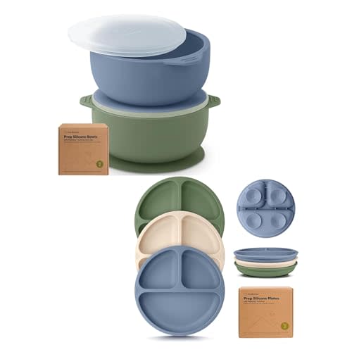 Keababies 2-Pack Baby Bowls with Suctions, Lids and Suction Plates for Baby, Toddler - Silicone Bowls BPA-Free