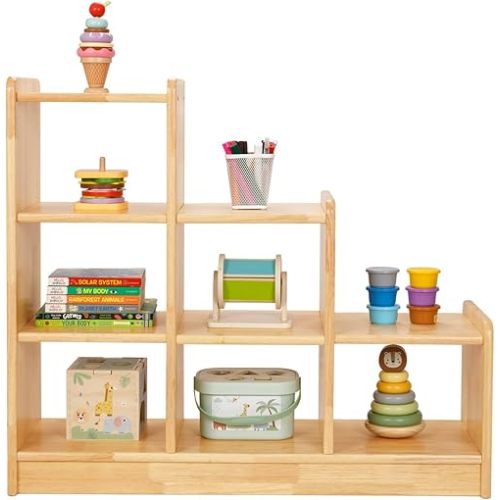 OOOK Rubber Wood 6 Cube Storage Organizer, Ladder Corner Shelf with Display Paltform, 3 Tier Kids Bookshelf and Toy Storage, Kids Furniture, Natural Solid Wood.