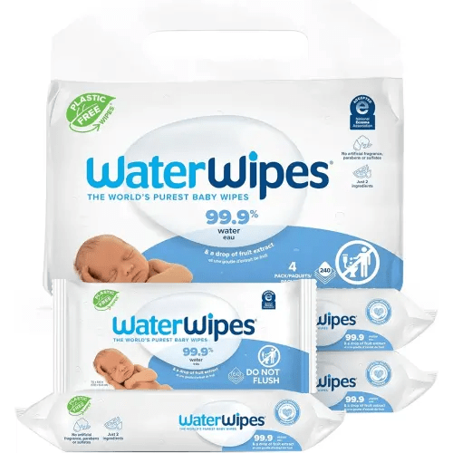 WaterWipes Plastic-Free Original-baby Wipes, 99.9% Water Based Wipes, Unscented & Hypoallergenic for Sensitive Skin, 240 Count (4 packs), Packaging May Vary
