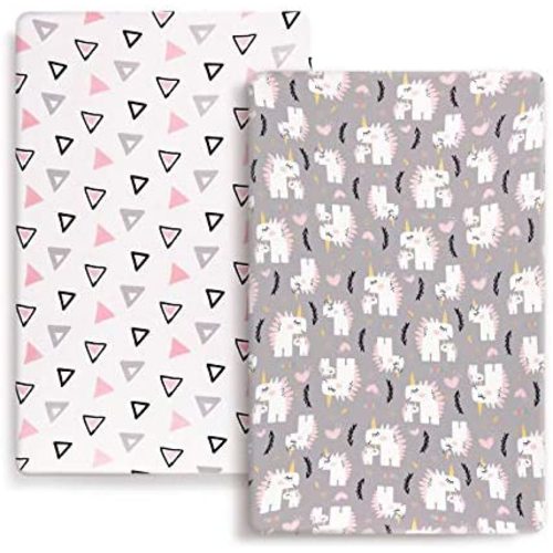 Stretch Ultra Soft Jersey Knit Fitted Pack n Play Playard Sheets Set 2 Pack，Fits Portable/Mini Cribs Sheets, Playards Mattress Pads, Pink Simple Triangle/Dream Unicorn for Girls