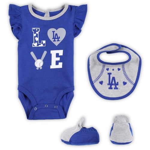 Newborn & Infant Los Angeles Dodgers Royal/Heather Gray Three-Piece Love of Baseball Bib, Bodysuit & Booties Set
