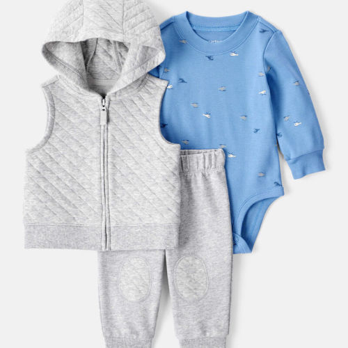 Grey/Blue Baby Boy 3-Piece Helicopter Print Long-Sleeve Tee & Pant Set - Grey | Carter’s Oshkosh Canada