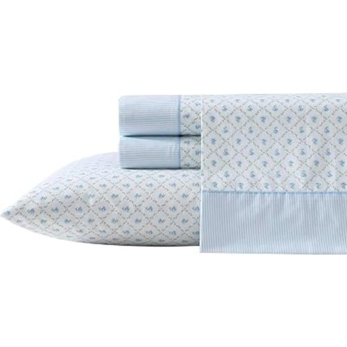 Laura Ashley – Full Size Sheet Set, Crisp & Lightweight Cotton Percale Bedding with Fitted Sheet and Pillowcases, Floral Room Decor, Deep Pocket, College Dorm Room Essentials (Kate Blue)