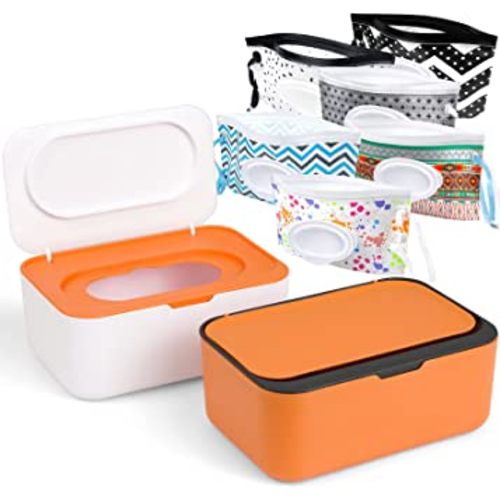 8Pcs Baby Wipes Dispenser, Reusable Baby Wipe Holder Box and Portable Wet Wipes Pouch, Refillable Wipes Pouch Case Container with Lid for Bathroom Baby Nursery Kitchen Office Travel (Orange)