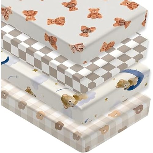 4 Pack Teddy Bear Crib Sheet Set for Boys or Girls, Neutral Soft Breathable Fitted Checkered Crib Sheet, Bear Nursery Decor for Standard Crib and Toddler Bed Mattresses 28 x 52 in