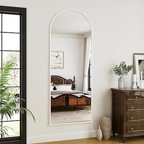 Floor Mirror Arched Full Length Mirrors, 64"x21" Floor Length & Standing Hanging or Leaning & Large Full Body Mirror Wall Mirror for Bedroom, Living Room, Aluminum Frame,White