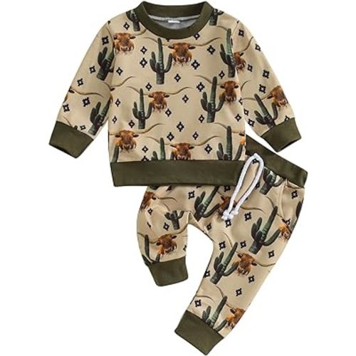 Muasaaluxi Western Baby Boy Clothes Long Sleeve Waffle Crewneck Sweatshirt Cow Print Jogger Pants Cowboy Fall Winter Outfit