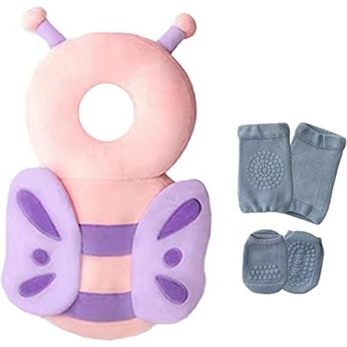 Baby Head Protector Backpack Toddler Head Protection Backpack with 1 Baby Knee Pads and 1 pair of non-slip socks for Walking (plush, Pink Butterfly)
