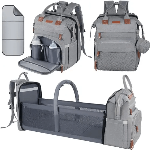 Baby Diaper Bag, Backpack with Changing Table, Unisex Baby Bag, with Diaper Pad, USB Charging Port, Insulated Pacifier Case, Multifunctional Waterproof Travel Diaper Bag, Gift for Newborn Baby (Grey)