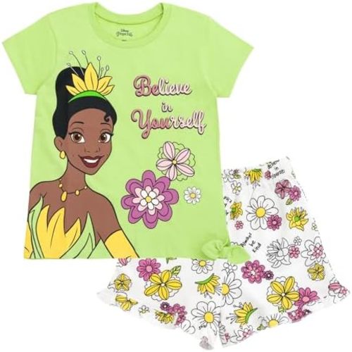 Disney Frozen Moana Princess Tiana Floral Peplum T-Shirt and French Terry Shorts Outfit Set Toddler to Big Kid
