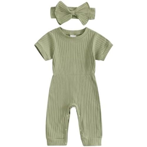 Winioder Newborn Baby Girl Summer Clothes Solid Color Ribbed Short Sleeve Romper Jumpsuit with Headband Coming Home Outfit
