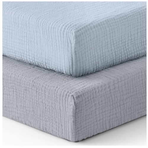 Blissful Diary Muslin Crib Sheets for Girl Boy, Boho Neutral Soft Cotton Baby Sheet for 52''x28'' Standard Crib Mattress, 2 Pack(Light Blue&Grey)