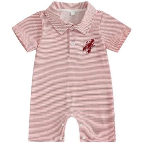 Gueuusu Newborn Baby Boy Beach Outfit Sailboat/Crawfish Embroidery Button Romper Striped Lapel Short Sleeve Bodysuit Clothes