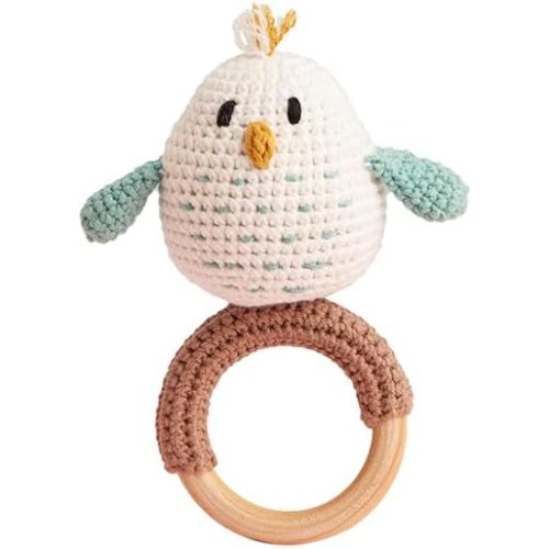 Chippi & Co Crochet Baby Rattle, Crochet Baby Toys, Stuffed Baby Doll, Organic Wooden Newborn Toys, Knitted Stuffed Animals for Babies Boy, Girl, Best Chirstmas Gifts for New Mom, Dad (White Bird)