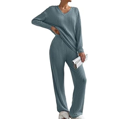 SHEWIN Women's Pajama Sets Long Sleeve 2 Piece Lounge Sets Ribbed Knit Sweater Sleepwear