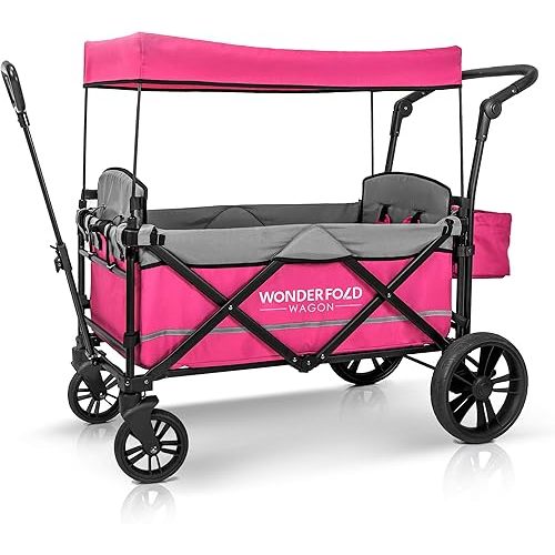 WONDERFOLD X2 Push & Pull Stroller Wagon (2 Seater) - Collapsible Wagon Stroller with 5-Point Seatbelt Harnesses, Push & Pull Handles & Removable Sun Canopy