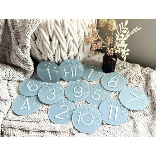 Gender Neutral Acrylic Baby Milestone Markers for Babys First Year Monthly Baby Photo Prop Dusty Blue Custom Baby Name Plaque Hello World