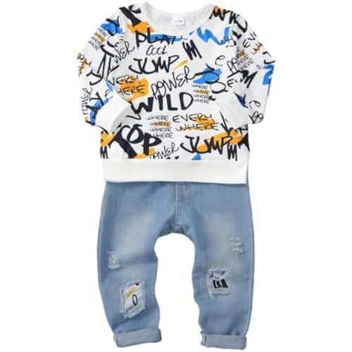 Toddler Baby Boy Clothes Fall Winter Outfits Long Sleeve Letter Printed Sweatshirt Pullover Tops + Jean Pants Set