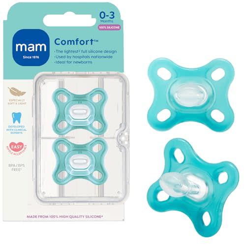 MAM Comfort Baby Pacifiers 0-3 Months Newborns, Lightweight One-Piece Full Silicone Binky, BPA-Free Nipple, Easy to Clean Pacifier, Best for Breastfed Babies, 2 Count, Sterilizer Case, Made in Europe