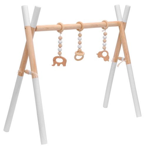 23 Inch Baby Infant Safety Wood Play Gym Rack, Toddler Newborn Activity Play Stand Station Hanging Toys Rack
