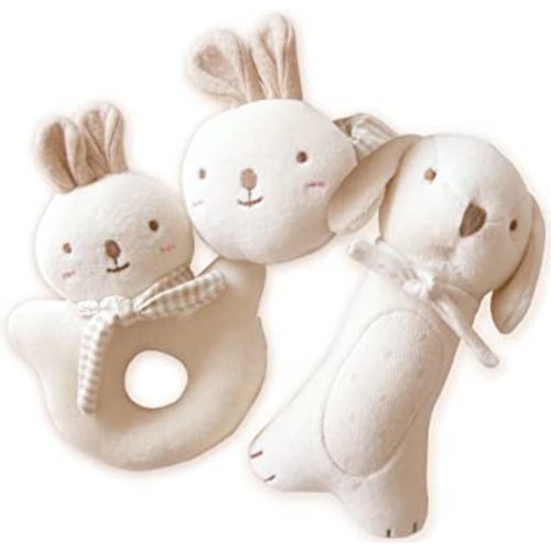 Baby First Friends, Stuffed Animals (Puppy & Baby Rabbit Rattle Set) Attachment Doll for Baby, Organic Toy