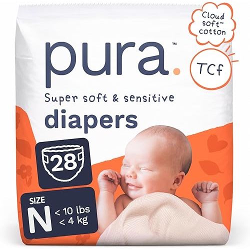 Pura Newborn Baby Diapers - Size N (Up to 10 lbs), 28 Count, Cloud Soft Disposable Diapers for Sensitive Skin, Totally Chlorine Free, Blowout Blocker & Wetness Indicator
