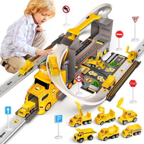 Huge Wave Construction Trucks for Toddlers Race Track Play set, 7in1 Construction Toys in Transport Car Carrier,Kids Construction Toys Christmas Birthday Gifts for Boys Girls 5-7(Yellow)