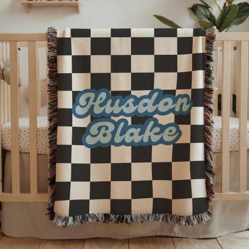 Personalized checkered name baby blanket custom name baby boy classic nursery decor name blanket baby shower gift