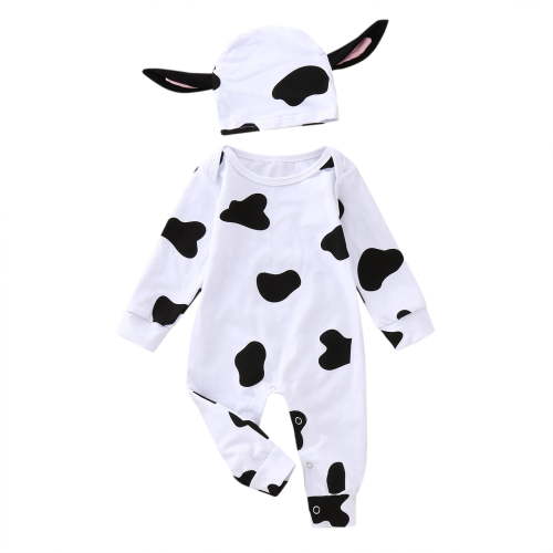 Newborn Infant Baby Boys Romper Clothes Set Cow Pattern Jumpsuit And Hat 2Pcs Outfits