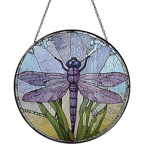 7.8" Dragonfly Stained Glass Suncatchers Art Glass Dragonflies for Sun Catcher Indoor Window Gifts for Pet Animal Nature Floral Lovers Women Grandma Mom Friend Painted Glass Panel Décor BUG-07C-SG8