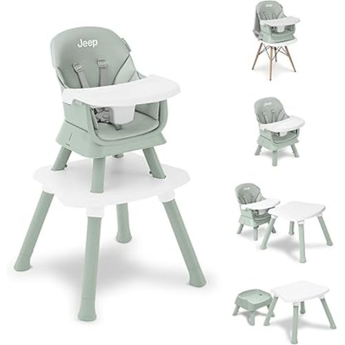 Jeep Milestone 6-in-1 High Chair by Delta Children High Chair Converts to Stool, Booster Seat, Toddler Chair, Activity Table and Desk and Chair, Sage Green