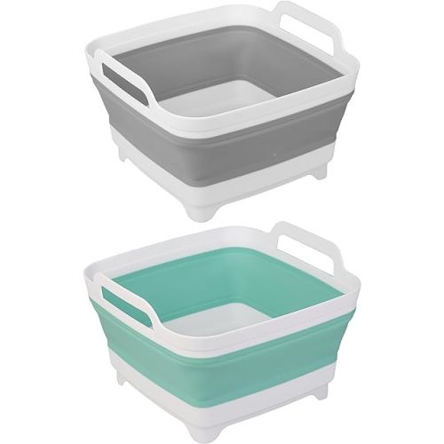 2 Pack Dishpan for Washing Dishes, 2.4Gal/9L Wash Basin with Draining Plug Carry Handles, Collapsible Bucket for Cleaning, Portable Sink, Foldable Plastic Tub
