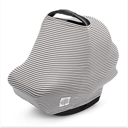 Parker Baby 4 in 1 Car Seat Cover for Girls and Boys - Stretchy Carseat Canopy, Nursing Cover, Grocery Cart Cover, High Chair Cover - “Pewter/Snow Stripes”